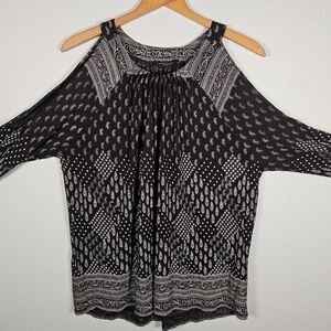 Lucky Brand Womens Large Top Black Tan Paisley Cold Shoulder‎ Long Sleeve Blouse